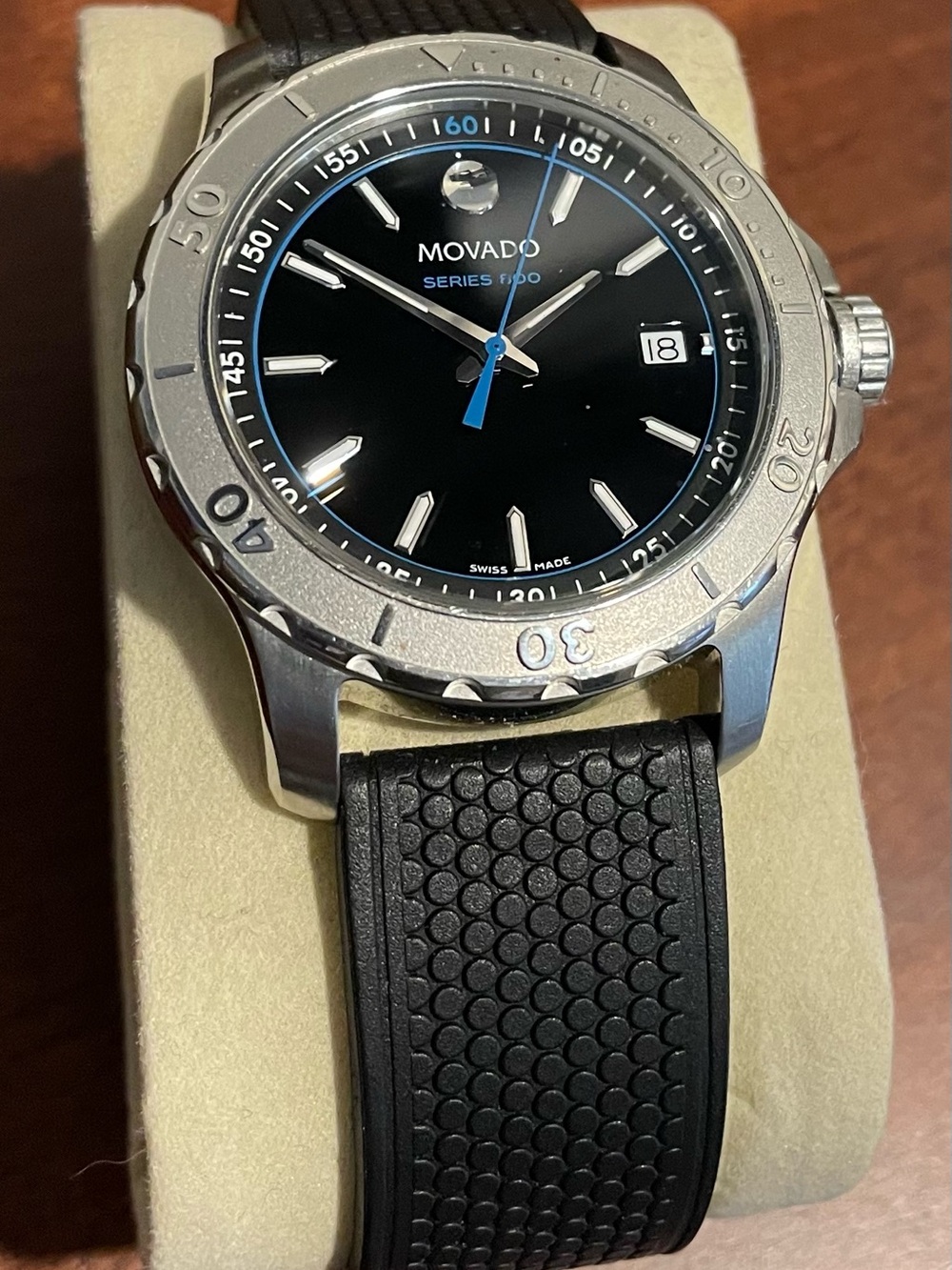 Movado Black Dial Stainless Steel Watch with Blue Accents
